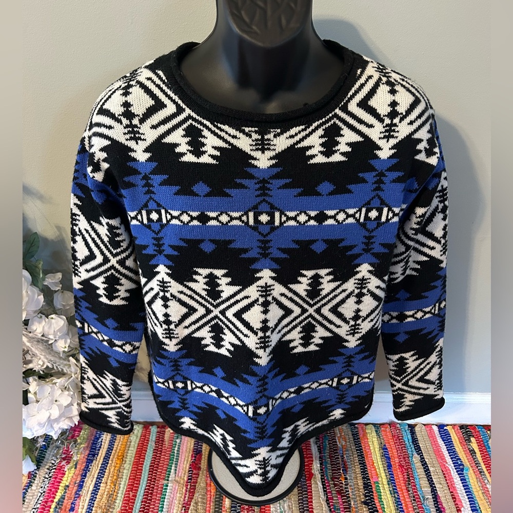Snowflake Aztec Sweater All Over Print Ski Snow Snowboard Holiday Blue Large